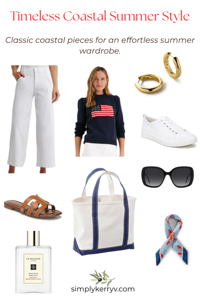Collage featuring timeless coastal summer style essentials including white cropped jeans, a navy American flag sweater, white sneakers, gold hoop earrings, leather sandals, oversized sunglasses, a canvas tote bag, a silk scarf, and Jo Malone fragrance.