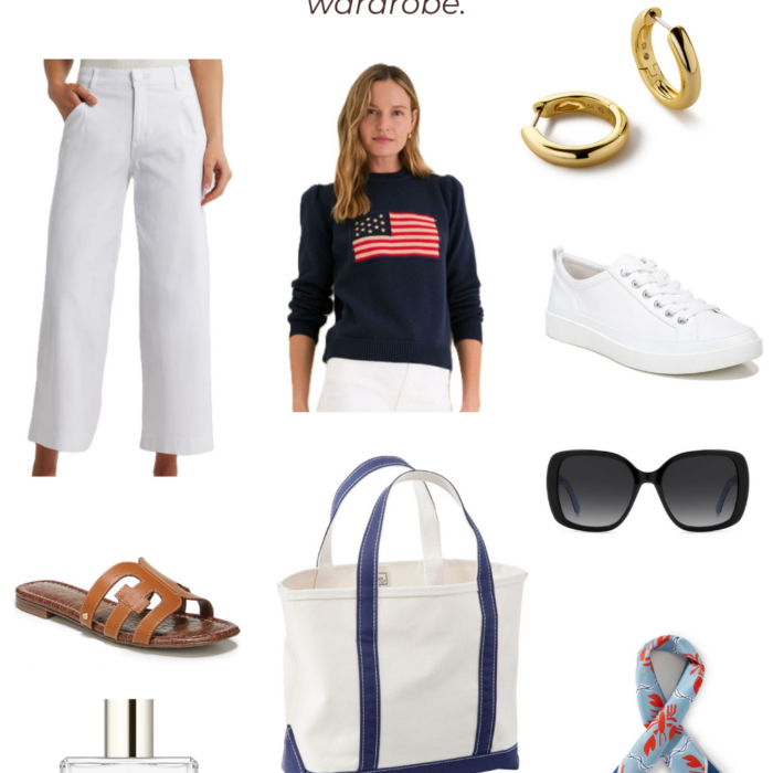 Collage featuring timeless coastal summer style essentials including white cropped jeans, a navy American flag sweater, white sneakers, gold hoop earrings, leather sandals, oversized sunglasses, a canvas tote bag, a silk scarf, and Jo Malone fragrance.