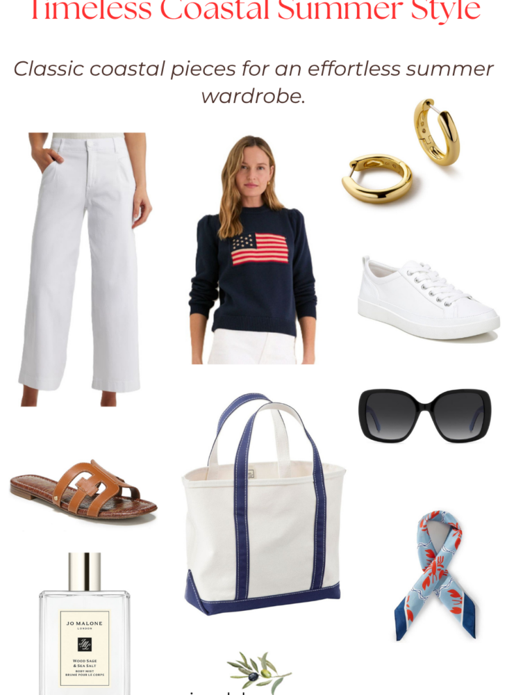 Collage featuring timeless coastal summer style essentials including white cropped jeans, a navy American flag sweater, white sneakers, gold hoop earrings, leather sandals, oversized sunglasses, a canvas tote bag, a silk scarf, and Jo Malone fragrance.